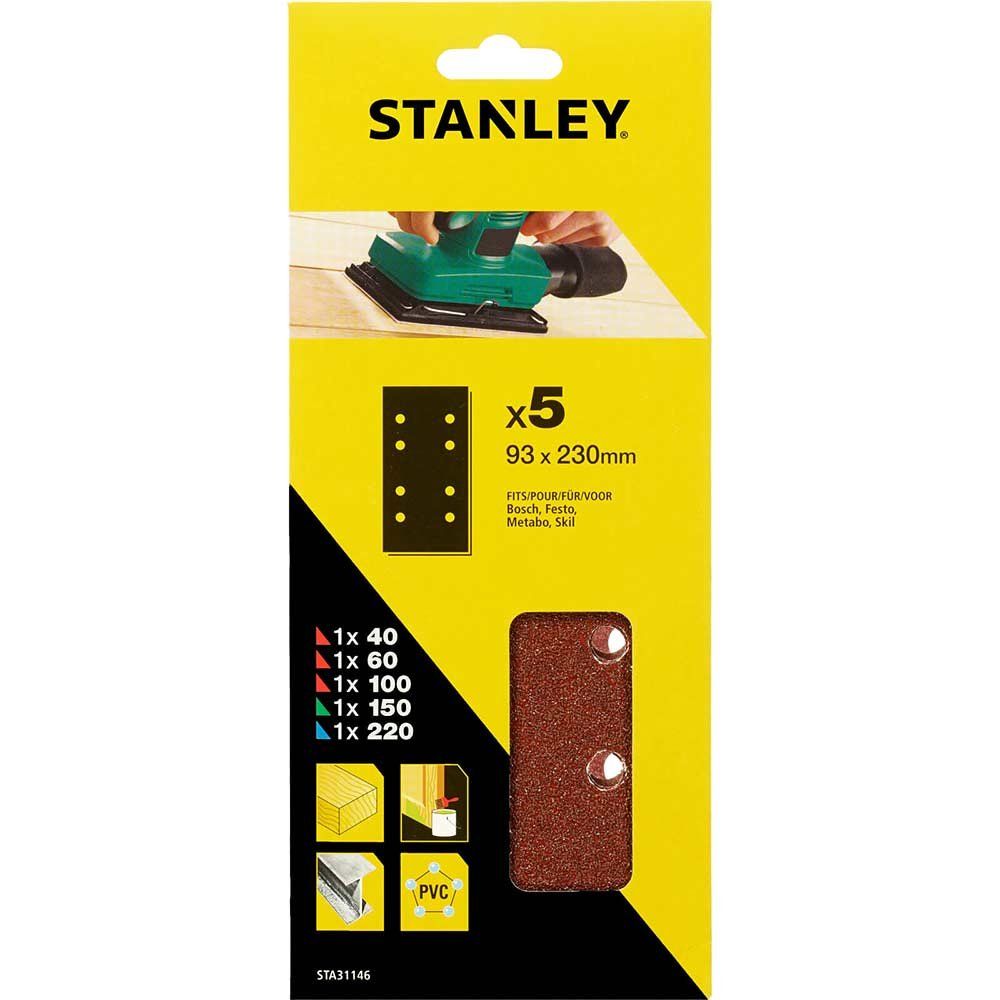 Stanley Punched Clip On 1/3 Sanding Sheets 93mm x 230mm Assorted Pack of 5 - Image 1