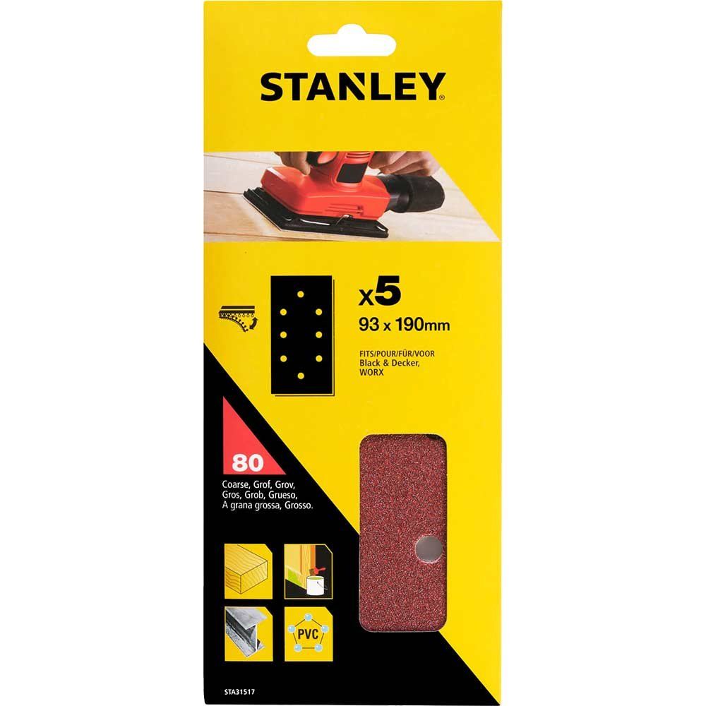 Stanley Punched Hook and Loop 1/3 Sanding Sheets 93mm x 190mm 80g Pack of 5 - Image 1
