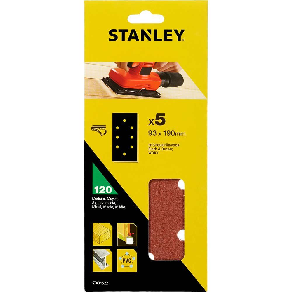 Stanley Punched Hook and Loop 1/3 Sanding Sheets 93mm x 190mm 120g Pack of 5 - Image 1