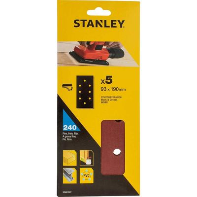 Stanley Punched Hook and Loop 1/3 Sanding Sheets 93mm x 190mm 240g Pack of 5