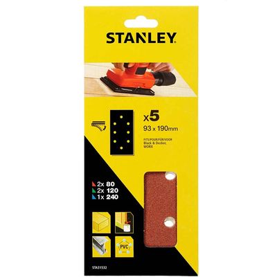 Stanley Punched Hook and Loop 1/3 Sanding Sheets 93mm x 190mm Assorted Pack of 5