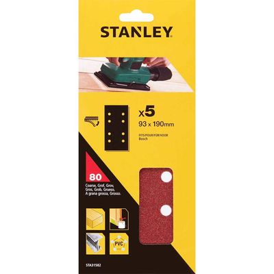 Stanley Punched Hook and Loop 1/3 Sanding Sheets 93mm x 190mm 80g Pack of 5