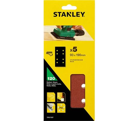 Stanley Punched Hook and Loop 1/3 Sanding Sheets 93mm x 190mm 120g Pack of 5