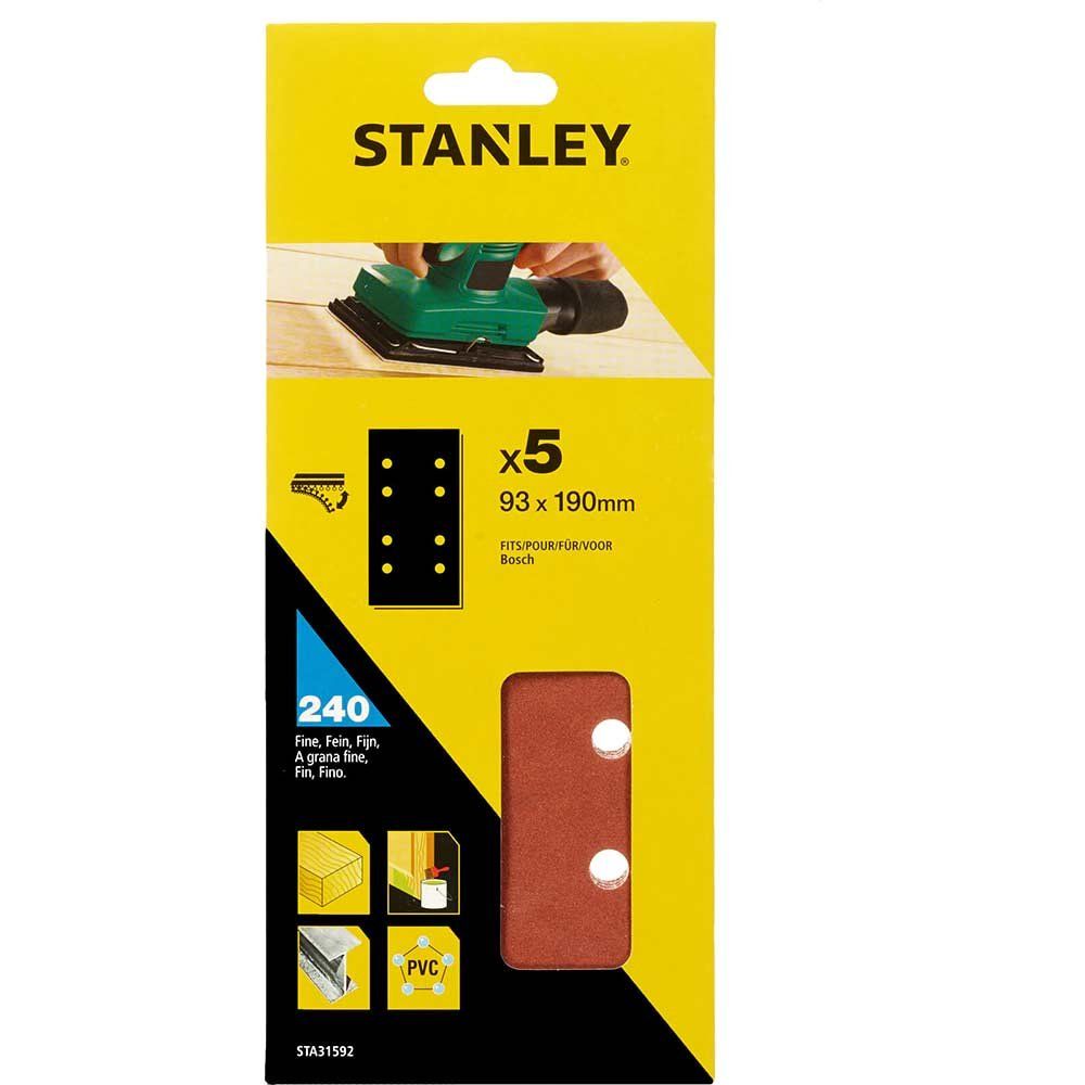 Stanley Punched Hook and Loop 1/3 Sanding Sheets 93mm x 190mm 240g Pack of 5 - Image 1