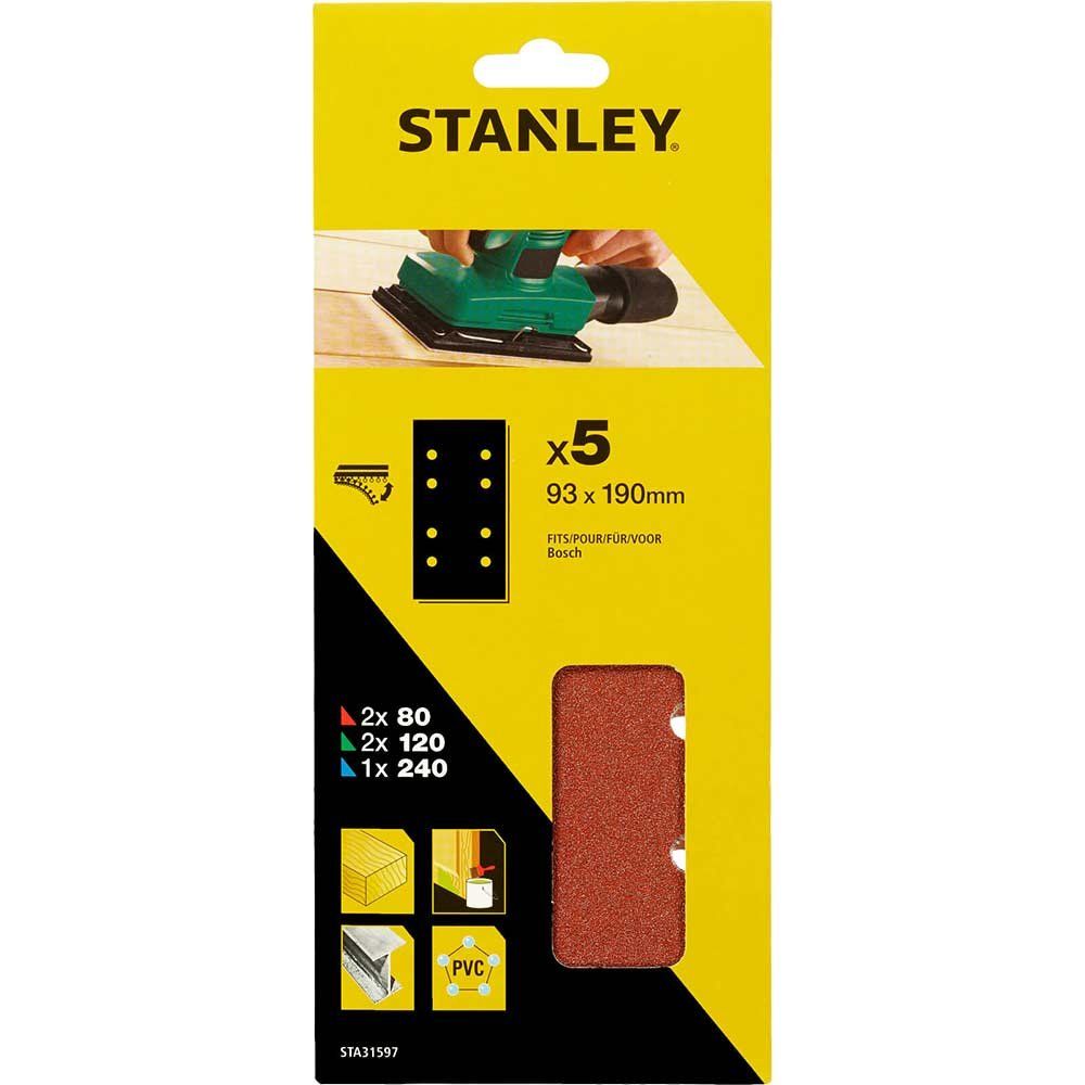 Stanley Punched Hook and Loop 1/3 Sanding Sheets 93mm x 190mm Assorted Pack of 5 - Image 1