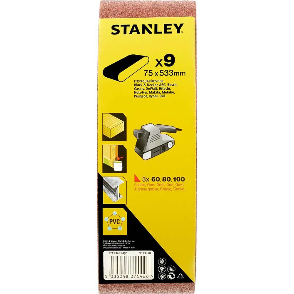 Stanley 75mm x 533mm Sanding Belts 75mm x 533mm Assorted Pack of 9 - Image 1