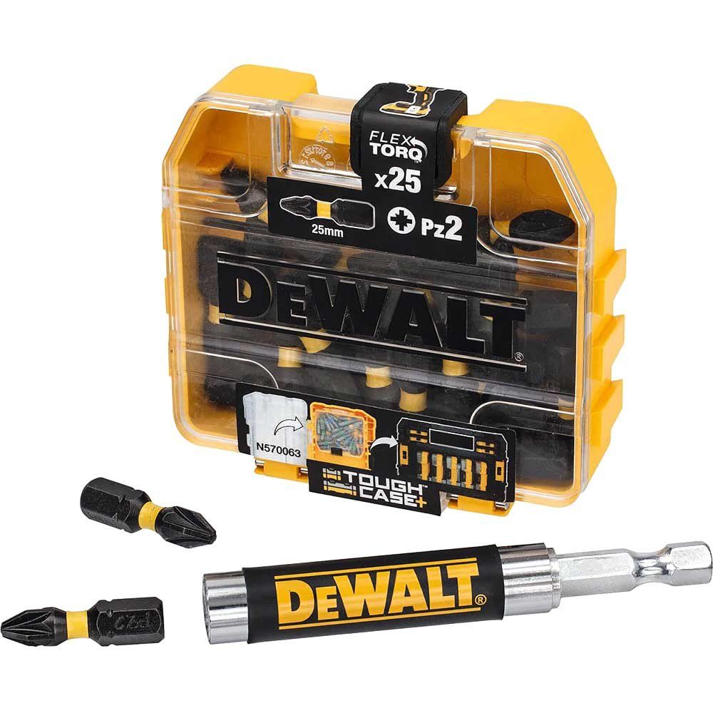 DeWalt Extreme Flextorq Pozi Screwdriver Bits and Magnetic Drive Guide PZ2 25mm Pack of 25 - Image 1