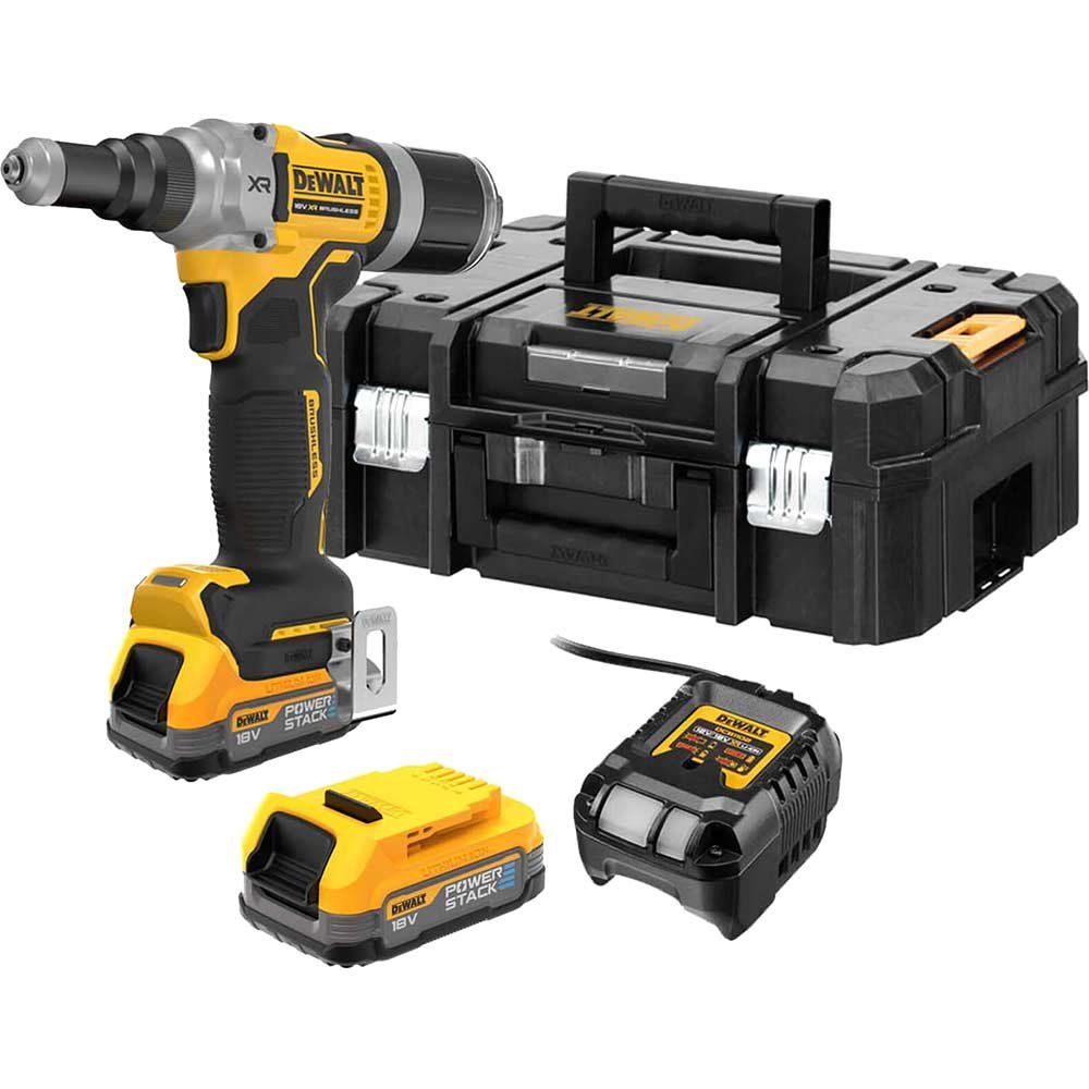 DeWalt DCF414 18v XR Cordless Brushless Riveter Gun 2 x 1.7ah Li-ion Powerstack Battery Charger Case - Image 1