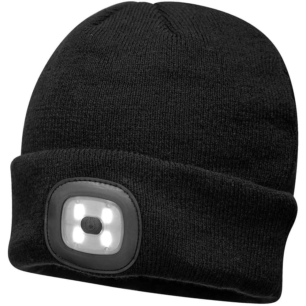 Portwest Beanie Hat and USB Rechargeable LED Head Light Black One Size - Image 1