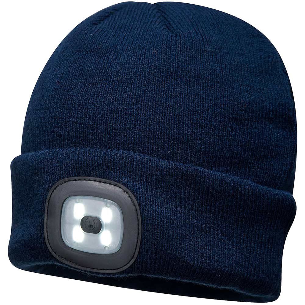 Portwest Beanie Hat and USB Rechargeable LED Head Light Navy One Size - Image 1