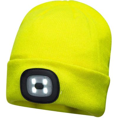 Portwest Beanie Hat and USB Rechargeable LED Head Light Yellow One Size