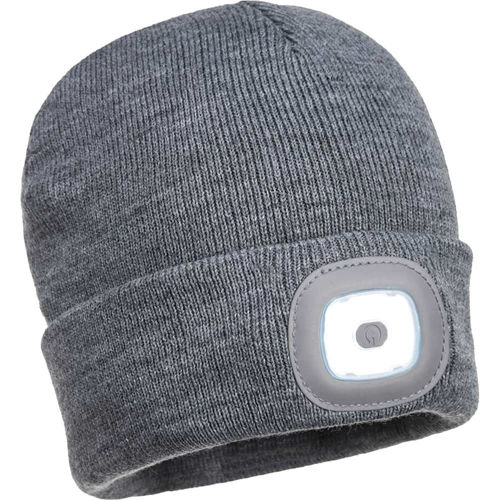 Portwest Beanie Hat and USB Rechargeable LED Head Light Grey One Size - Image 1