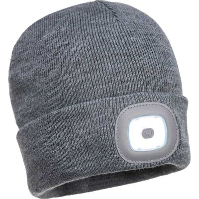 Portwest Beanie Hat and USB Rechargeable LED Head Light Grey One Size