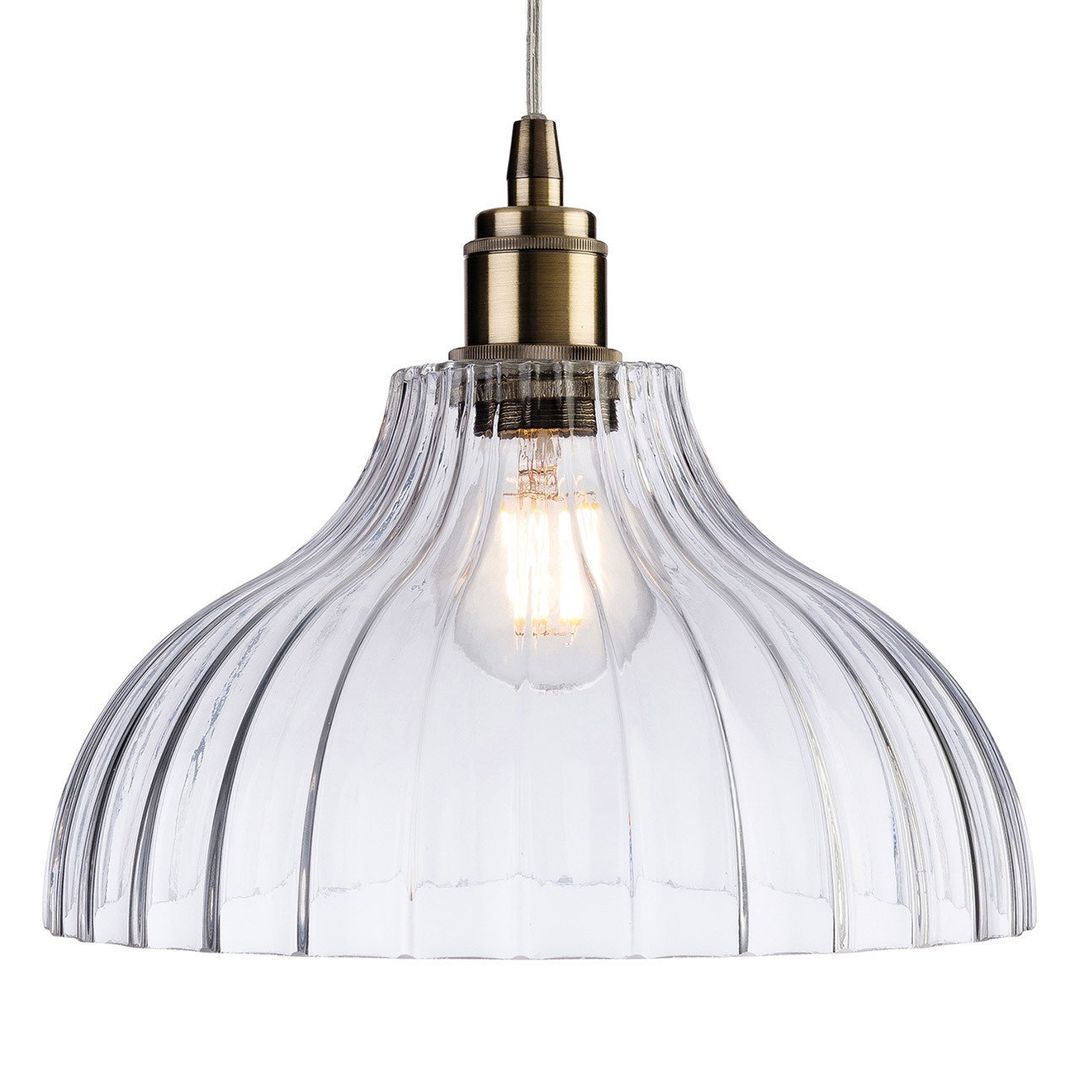 Firstlight Victory 28cm Pendant Light Clear Ribbed in Antique Brass - Image 1
