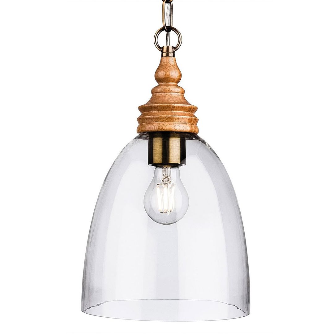 Firstlight Comet Traditional Style 220mm Pendant Light in Natural Wood and Clear Glass - Image 1