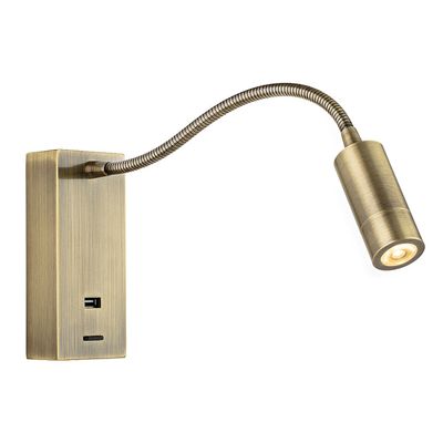 Firstlight Clifton LED Flexi Wall Spotlight 3W with USB Port and On/Off Switch in Antique Brass