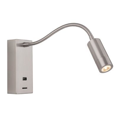 Firstlight Clifton LED Flexi Wall Spotlight 3W with USB Port and On/Off Switch in Brushed Steel