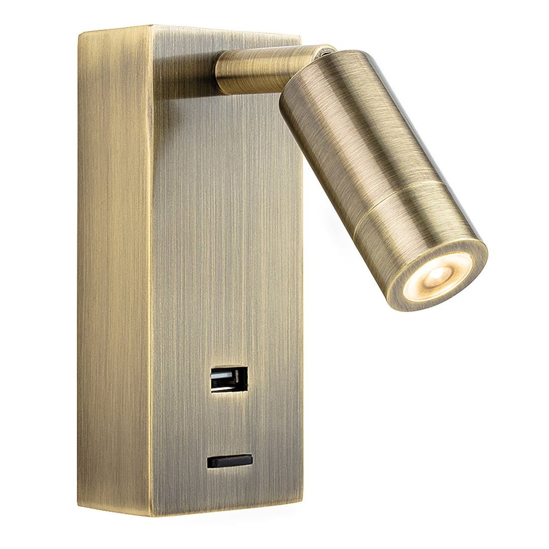 Firstlight LED Clifton Wall Wall Spotlight with USB Port and On/Off Switch 3000K in Antique Brass - Image 1