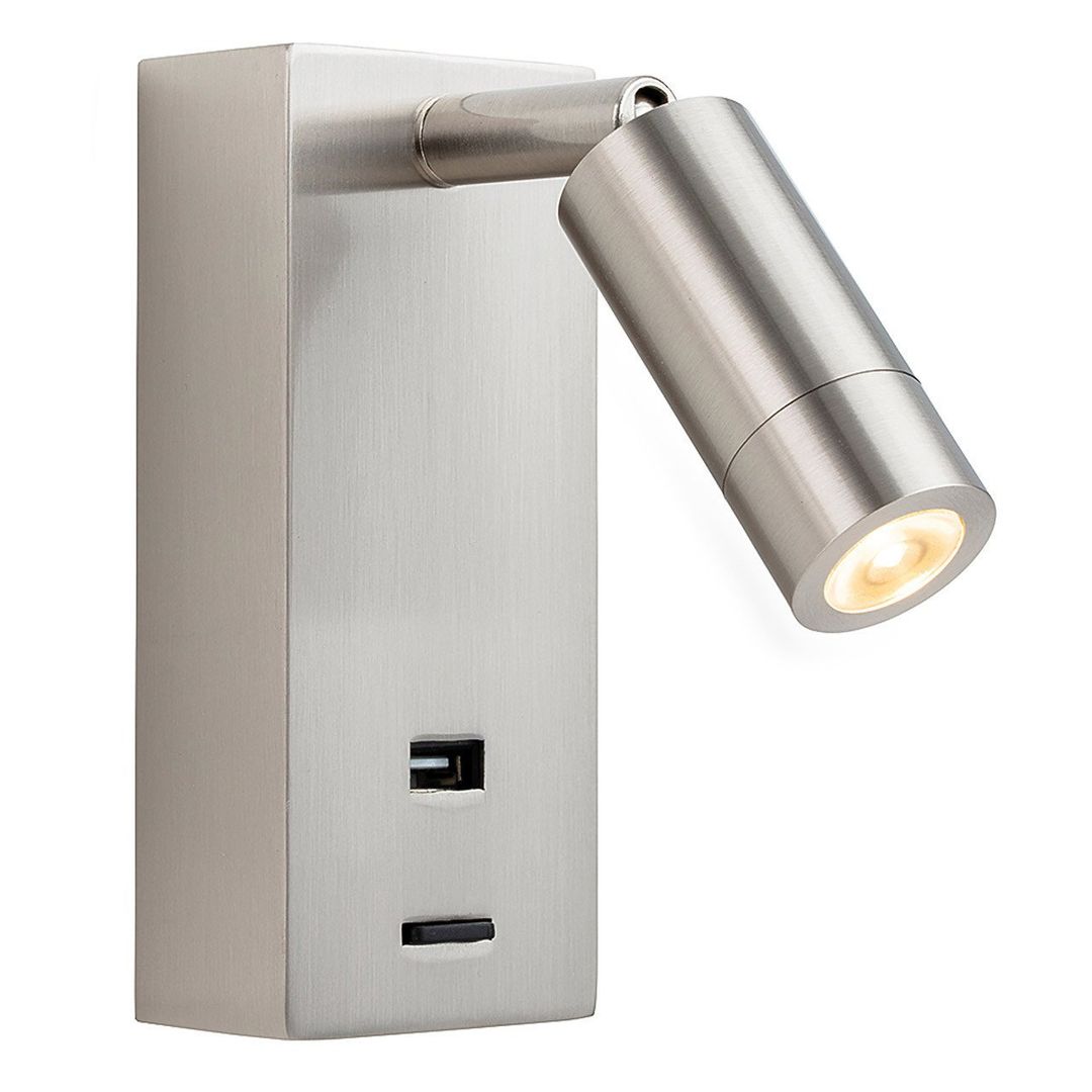 Firstlight LED Clifton Wall Wall Spotlight with USB Port and On/Off Switch 3000K in Brushed Steel - Image 1