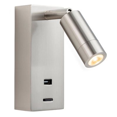 Firstlight LED Clifton Wall Wall Spotlight with USB Port and On/Off Switch 3000K in Brushed Steel