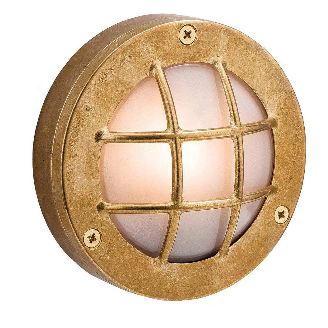 Firstlight Nautic 14cm Outdoor Wall Bulkhead Grille Frosted in Solid Brass - Image 1
