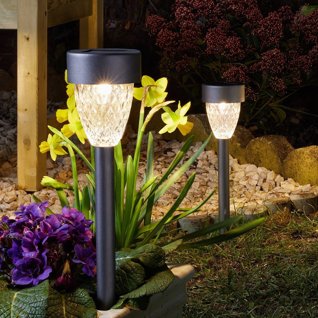 SuperBright LED Solar Stake Light Warm White Outdoor Garden Lights Metallic Dark Grey (4 Pack) - Image 1