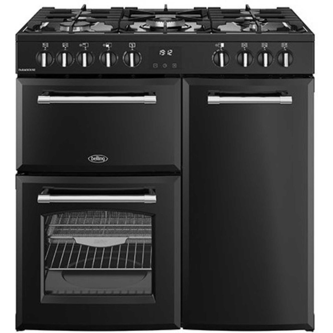 BELLING Farmhouse 90DF Dual Fuel Range Cooker - Black & Chrome, Silver/Grey,Black - Image 1