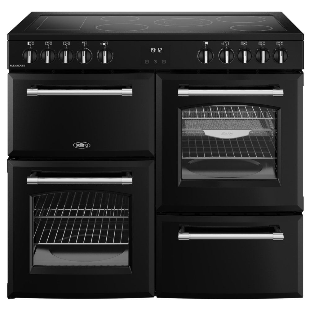 BELLING Farmhouse 100E Electric Ceramic Range Cooker - Black & Chrome, Black - Image 1