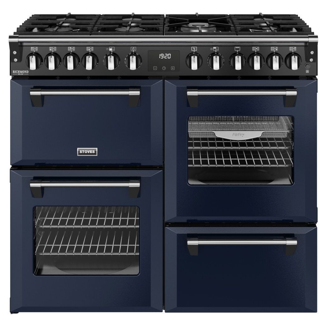 STOVES Richmond Deluxe 100DF Dual Fuel Range Cooker - Midnight Blue & Chrome, Blue,Silver/Grey - Image 1