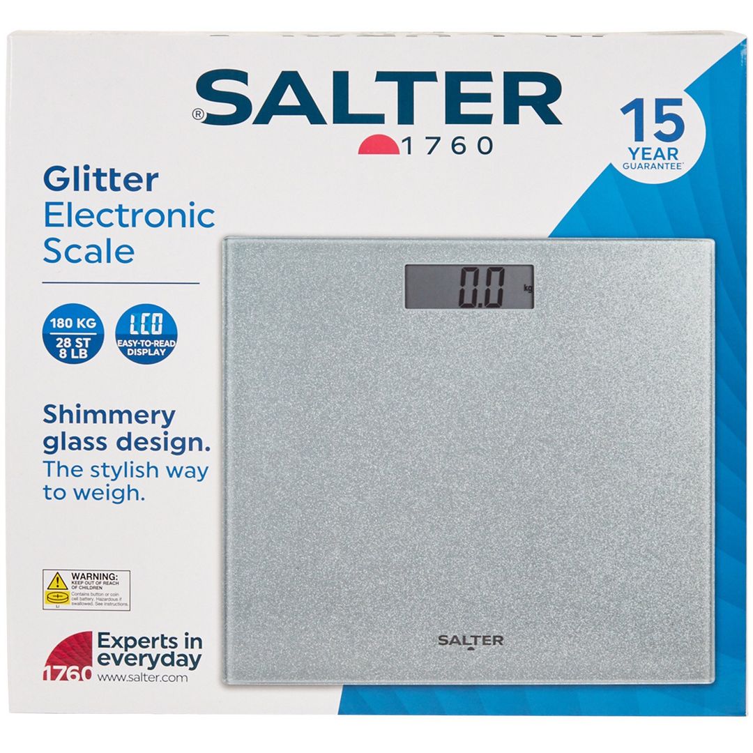SALTER 9037 SVGL3R Digital Bathroom Scale - Silver Glitter Glass, Silver/Grey - Image 1