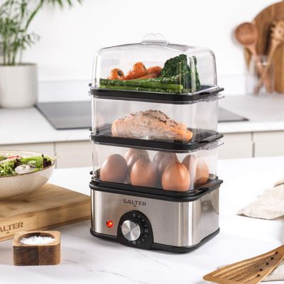 SALTER EK5885 Compact 3-Tier Food Steamer - Stainless Steel & Black, Stainless Steel