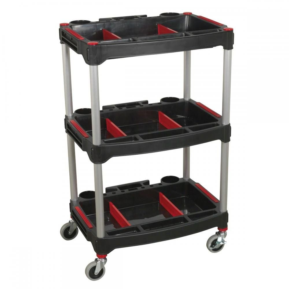 Sealey 3 Shelf Composite Trolley with Parts Storage Black / Red - Image 1