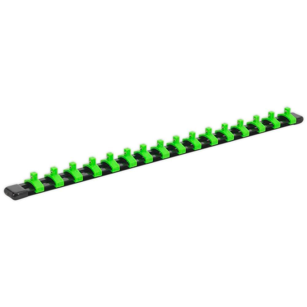 Sealey AK27052HV Socket Retaining Rail With 16 Clips 1/4inSq Drive - Hi-Vis Green - Image 1