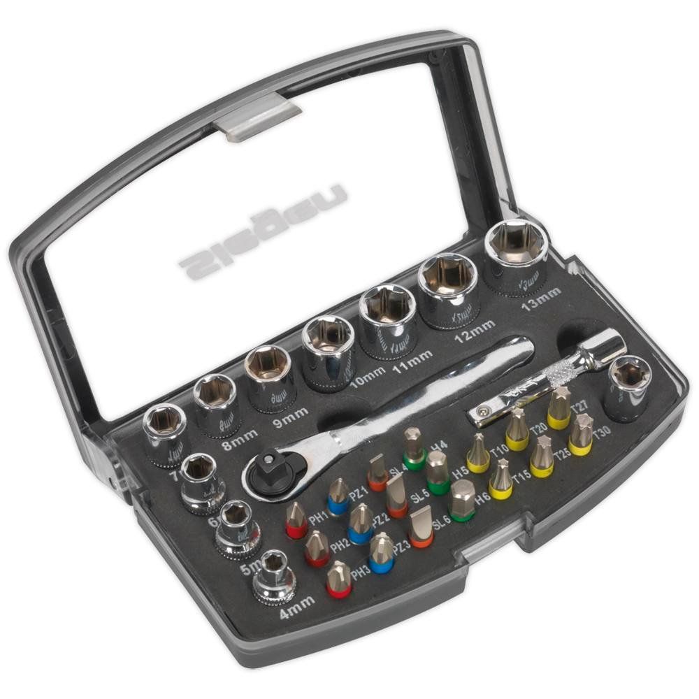 Siegen S01036 30 Piece 1/4" Drive Socket and Colour Coded Bit Set 1/4" - Image 1