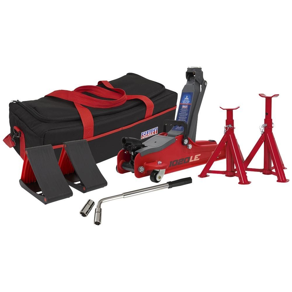 Sealey 1020LEBAGCOMBO Trolley Jack 2 Tonne Low Entry Short Chassis & Accessories Bag Combo - Red - Image 1