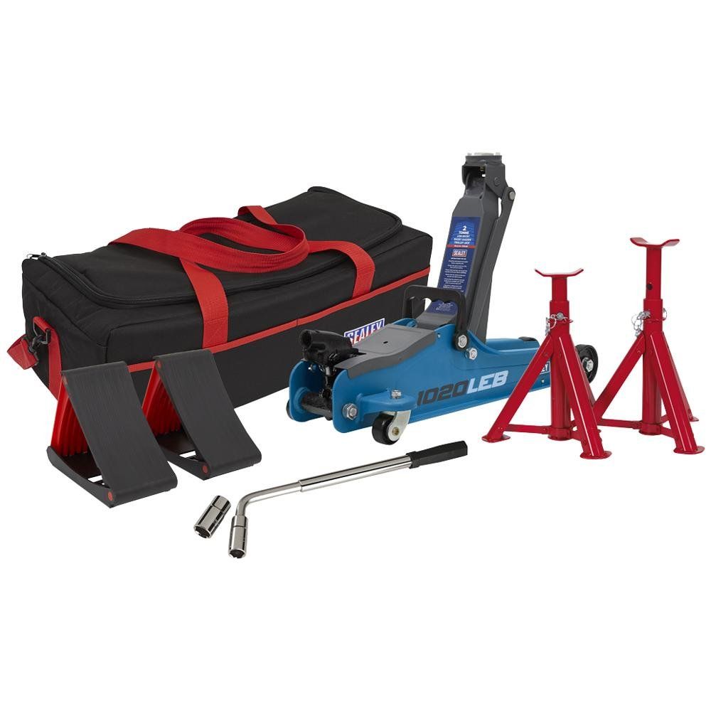 Sealey 1020LEBBAGCOMBO Trolley Jack 2 Tonne Low Entry Short Chassis & Accessories Bag Combo - Blue - Image 1