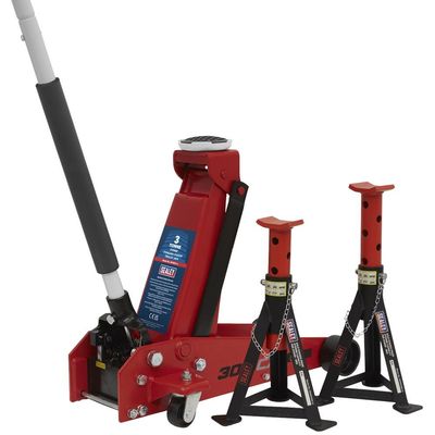 Sealey 3010CX Trolley Jack 3 Tonne Standard Chassis With Axle Stands (Pair) 3 Tonne Capacity Per Stand