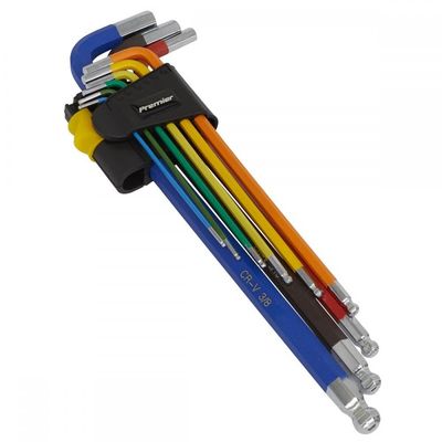 Sealey 9 Piece Colour Coded Extra Long Ball End Hex Key Set Imperial