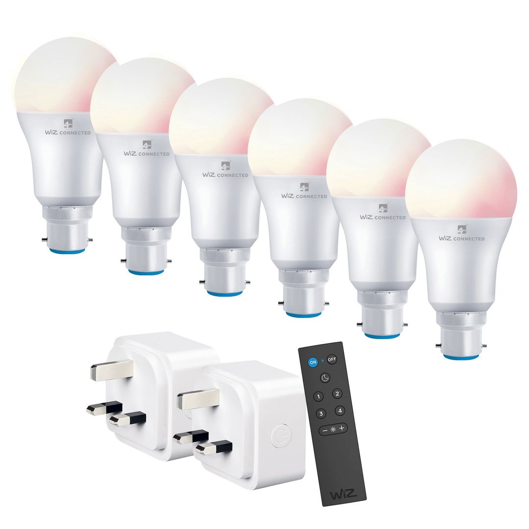 4LITE Wiz Connected Smart Lighting Starter Kit with 6 x B22 RGBW Bulbs, Remote & 2 x Plugs - Image 1