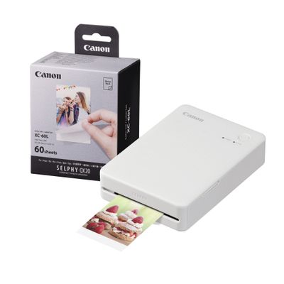 CANON SELPHY QX20 Portable Colour Photo Wireless Printer & XC-60L 54 x 85 mm Photo Paper & Ink Set - Sand White, 60 Sheets, White