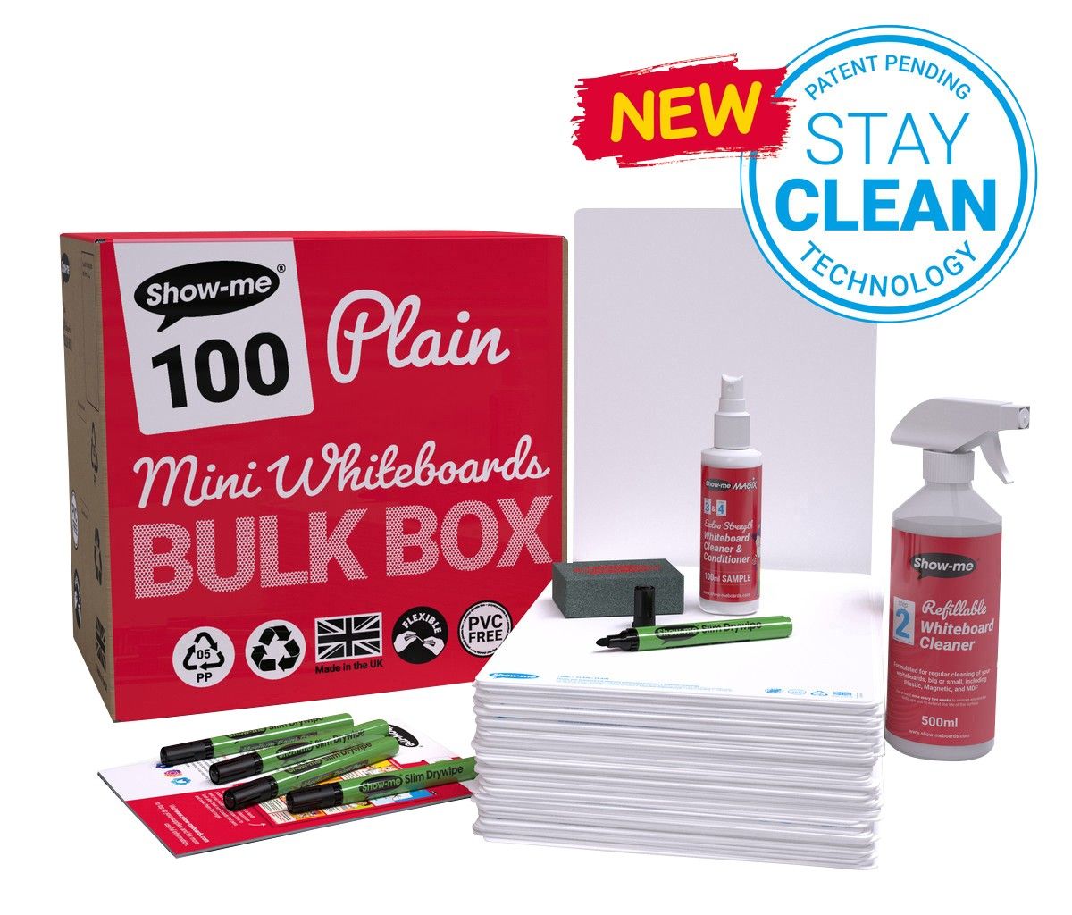 Show-me StayClean A4 Whiteboards Plain/Plain (100 boards pens and erasers + Free cleaners) B/SMB - Image 1