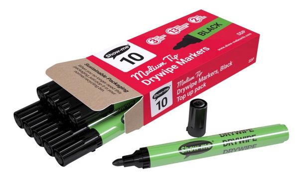 Show-me Drywipe Marker Medium Bullet Tip Slim Barrel Black (Pack 10) - SDP