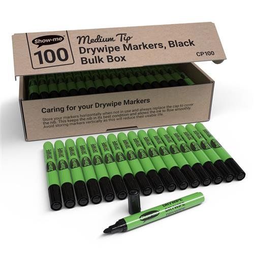 Show-me Drywipe Marker Medium Tip Slim Barrel Black (Pack 100) - CP100 - Image 1