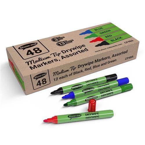 Show-me Drywipe Marker Medium Tip Slim Barrel Assorted Colours (Pack 48) - CP48A - Image 1