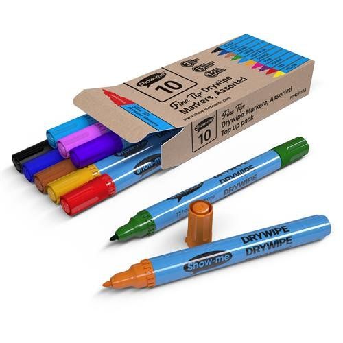 Show-me Drywipe Marker Fine Tip Slim Barrel Assorted Colours (Pack 10) - FPSDP10A - Image 1