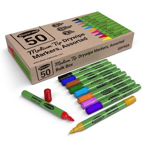 Show-me Drywipe Marker Medium Bullet Tip Slim Barrel Assorted Colours (Pack 50) - SDP50A - Image 1