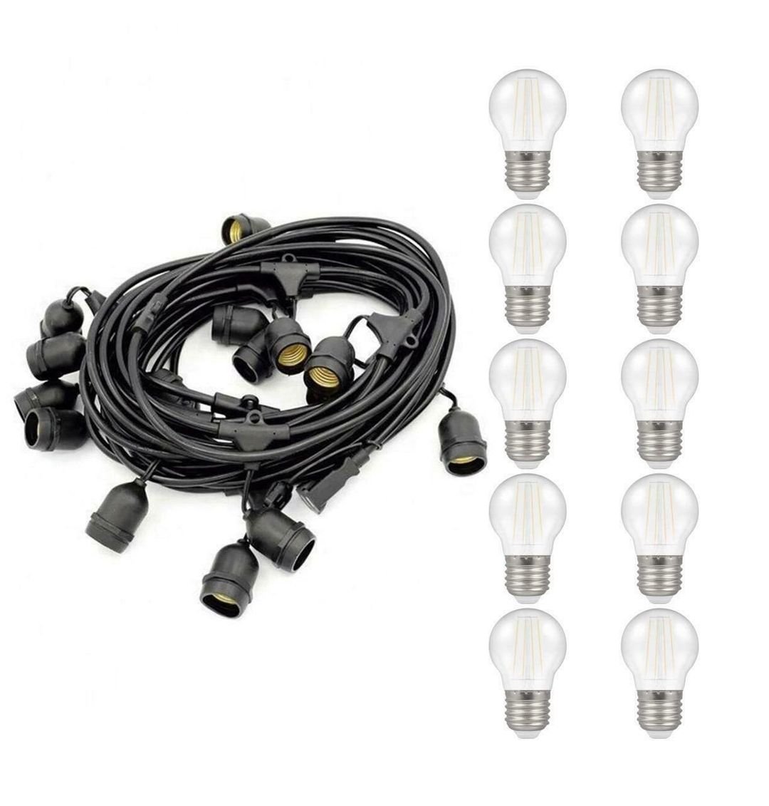 nxt gen Festoon Light E27 with 20x LED Golfball Light Bulbs White Black Premium 10m Connectible Outdoor String Decking Coloured 10 Metre Gazebo Lights - Image 1