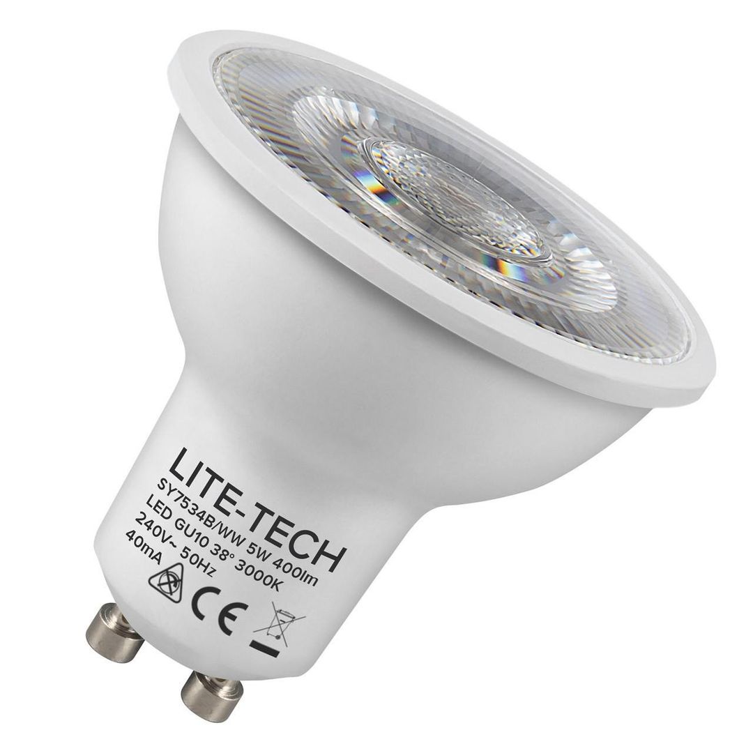 Lite-Tech GU10 Spotlight LED Light Bulb 5W (50W Eqv) Warm White Halogen Replacement Twist and Lock 38° - Image 1
