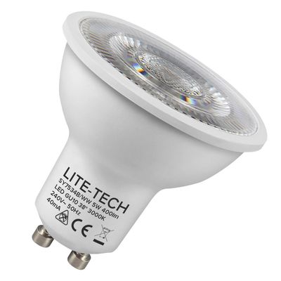 Lite-Tech GU10 Spotlight LED Light Bulb 5W (50W Eqv) Warm White Halogen Replacement Twist and Lock 38°