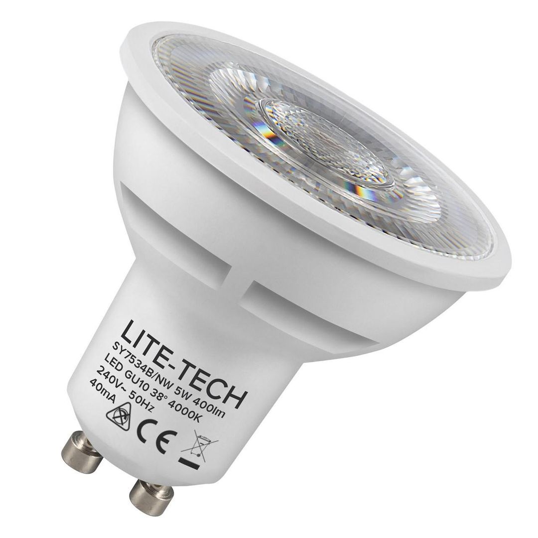 Lite-Tech GU10 Spotlight LED Light Bulb 5W (50W Eqv) Cool White Halogen Replacement Twist and Lock 38° - Image 1